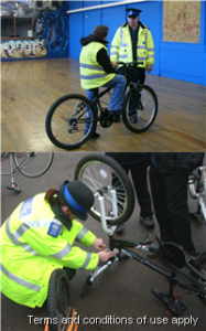 Top image shows PCSO Rob Hendra talking to a young man about bicycle road safety